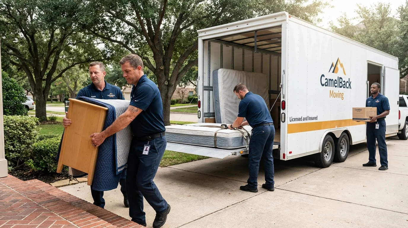 Crew loading residential truck for cross-state move from Albers, IL