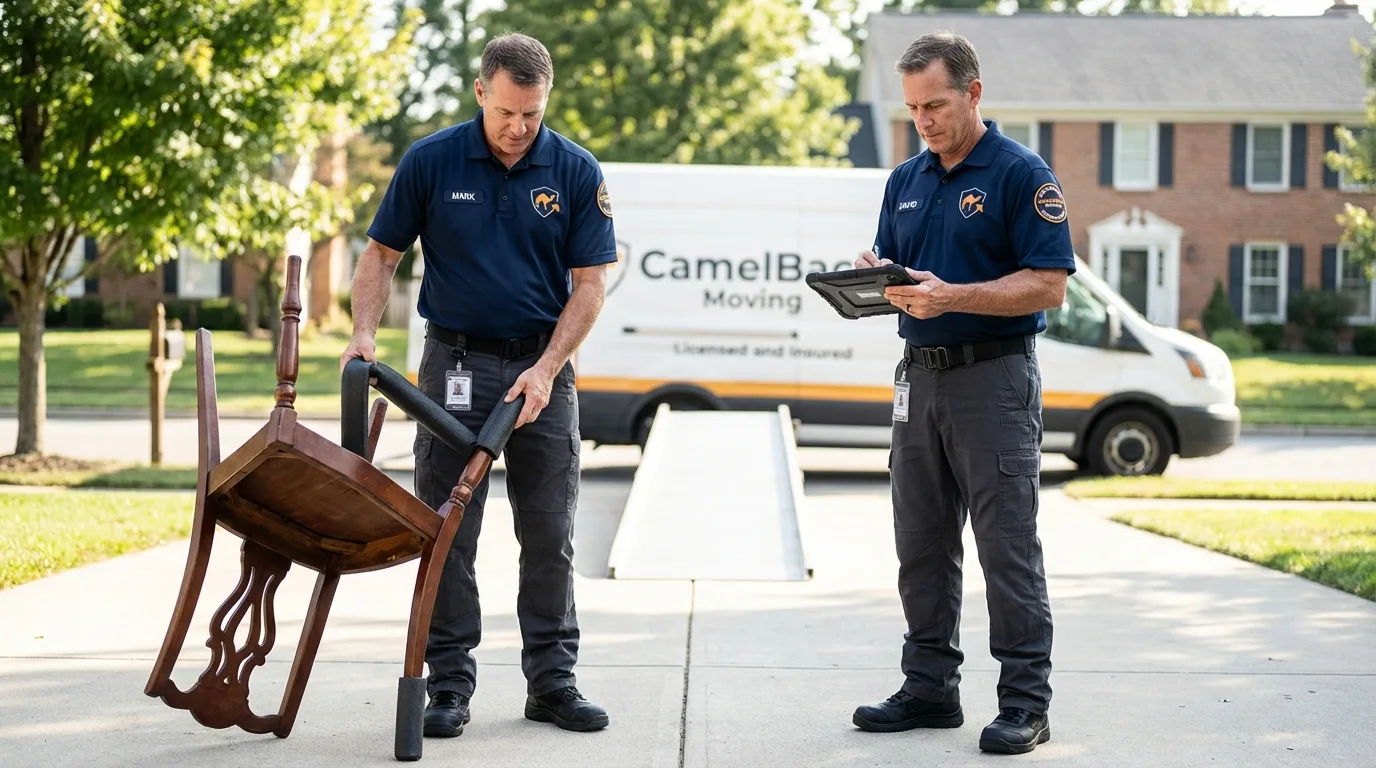 Movers inspecting furniture for damage prevention before loading in Albers, IL