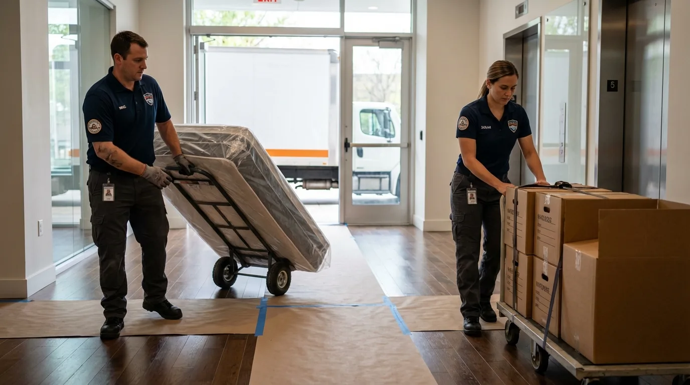 Professional apartment movers loading elevator in Albers, IL